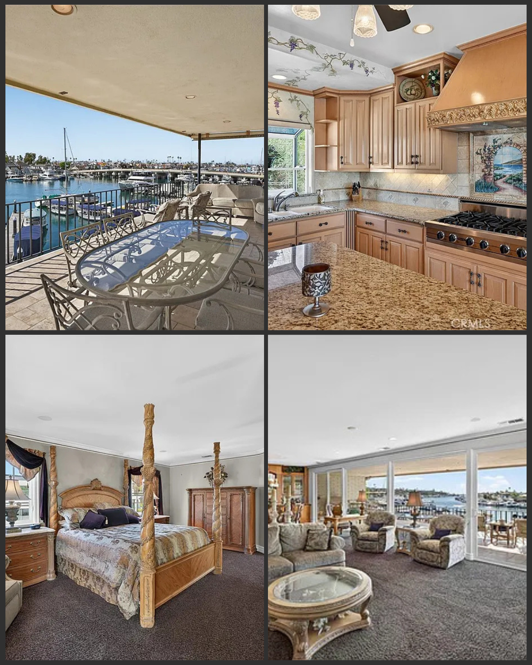 1203 Bayside Drive Corona Del Mar interior photo grid showing remodeled kitchen, harbor views, primary suite, and bayfront terrace