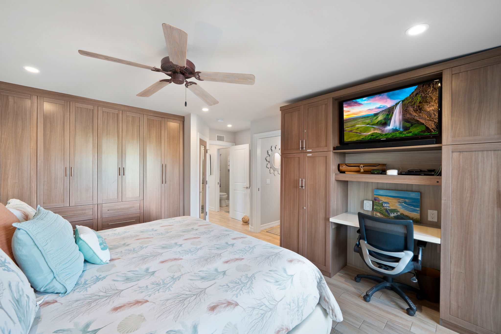 Primary bedroom with balcony and panoramic oceanfront views in Dana Point condo