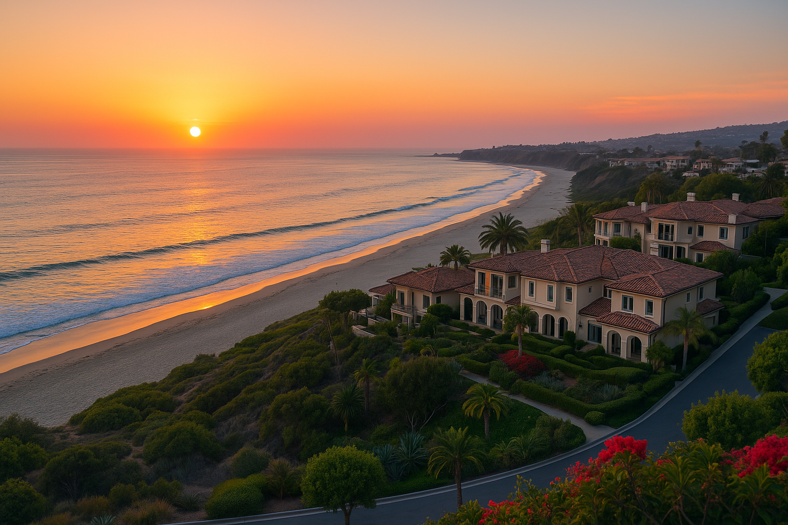  Sunset over Monarch Beach coastline with luxury homes