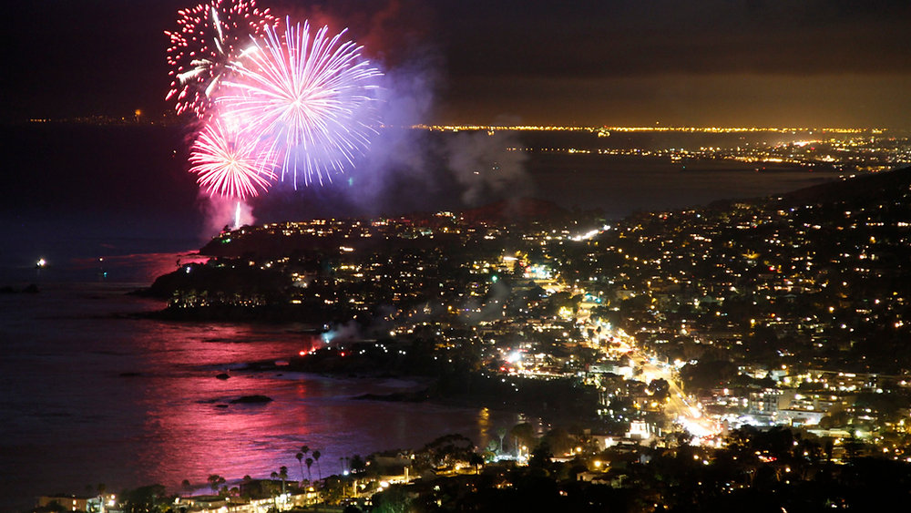 Fourth of July fireworks over the ocean along the Orange County coast